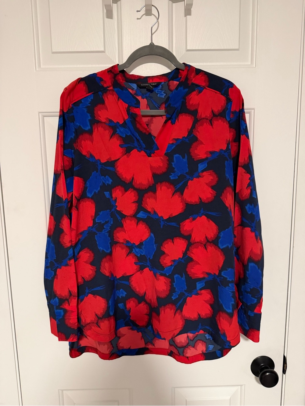 Banana Republic Red & Blue Floral V-Neck Blouse